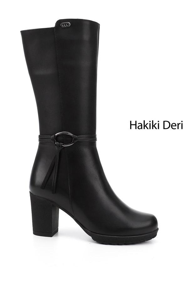 Kadın Siyah Fermuarlı Kalın Topuklu Hakiki Deri Çizme - Image 1