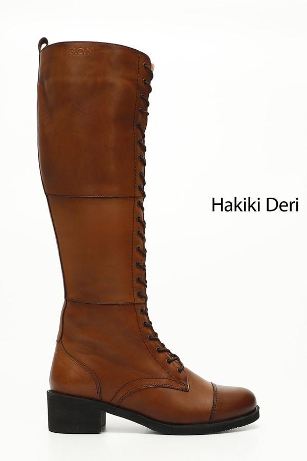 Kadın Taba Antik Fermuarlı Kalın Topuklu Postal Çizme - Image 1