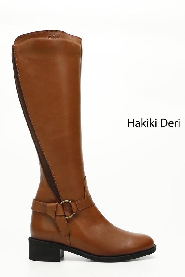 Kadın Taba Antik Fermuarlı Kalın Topuklu Hakiki Deri Çizme - Image 1