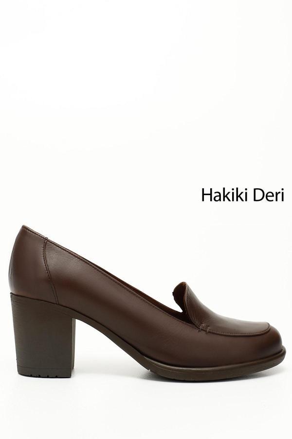 Kadın Kahve Antik Orta Kalın Topuklu Hakiki Deri Ayakkabı - Image 1