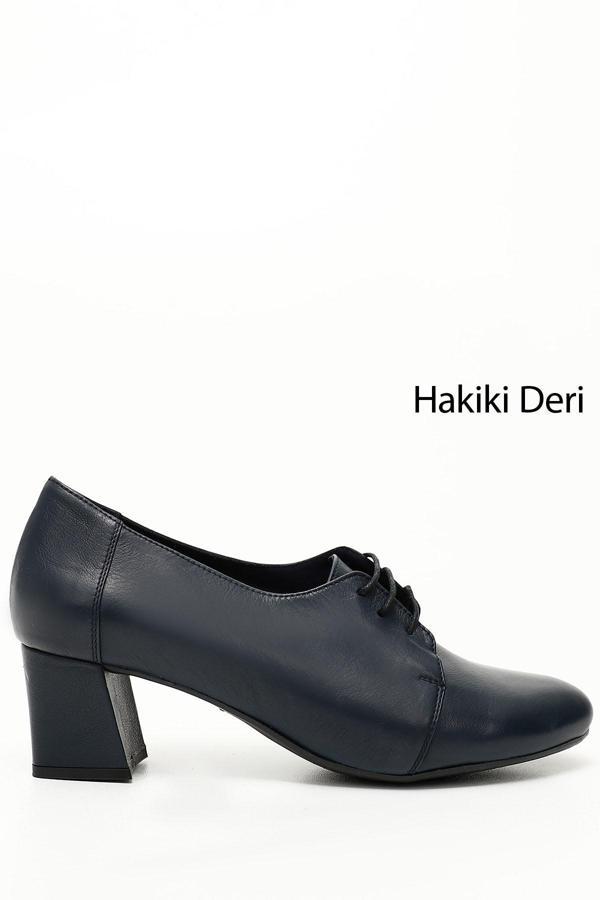 Kadın Lacivert Antik Bağcıklı Orta Kalın Topuklu Hakiki Deri Oxford Ayakkabı - Image 1