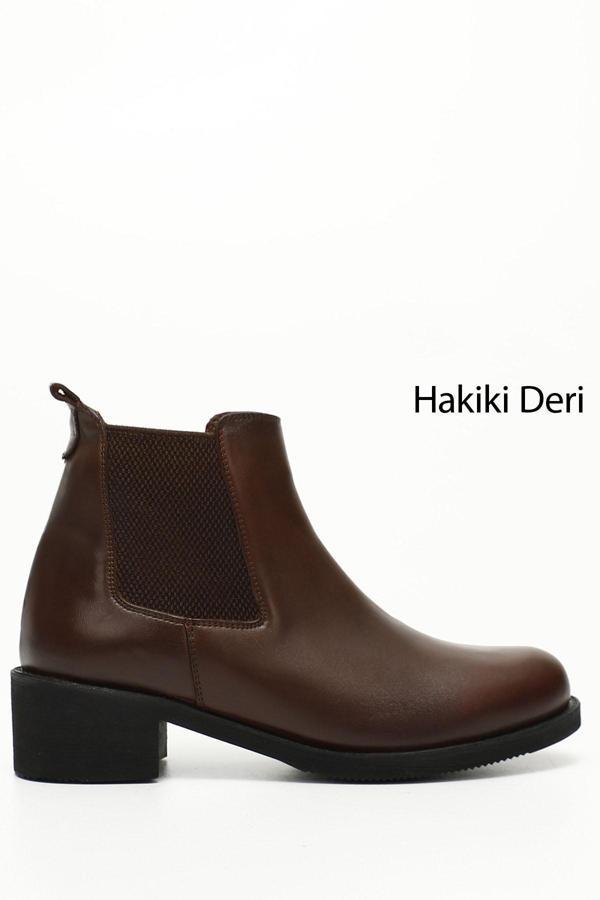 Kadın Kahve Antik Kalın Topuklu Hakiki Deri Chelsea Bot - Image 1