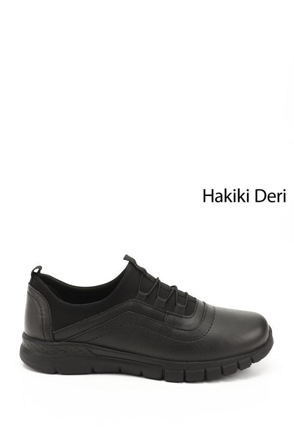 Kadın Siyah Lastik Bağcıklı Hakiki Deri Comfort Sneaker - Image 1