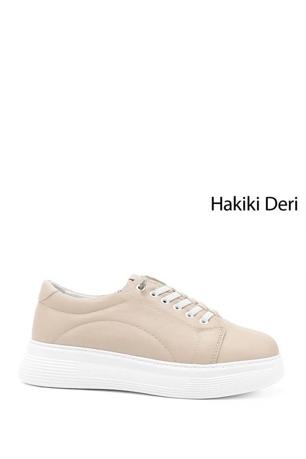 Kadın Bej Lastik Bağcıklı Comfort Hakiki Deri Sneaker - Image 1