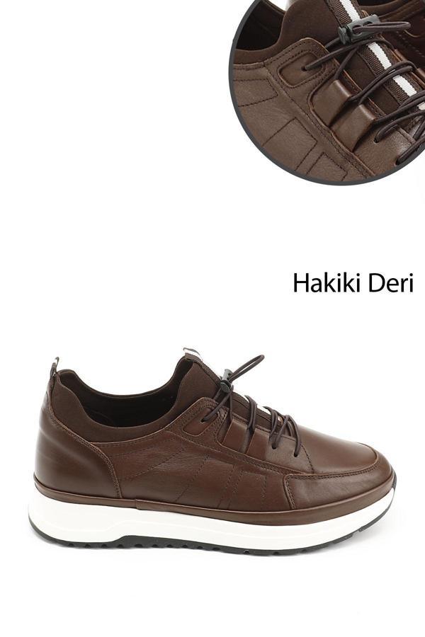 Erkek Kahve Antik Likralı Lastik Bağcıklı Hakiki Deri Comfort Sneaker - Image 1