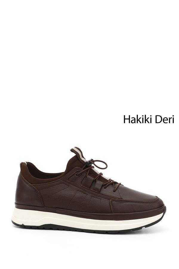 Erkek Kahve Antik Likralı Lastik Bağcıklı Hakiki Deri Comfort Sneaker - Image 1