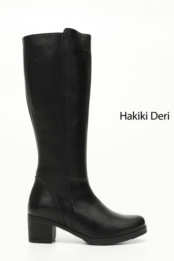 Kadın Siyah Fermuarlı Kalın Topuklu Hakiki Deri Çizme - Image 1