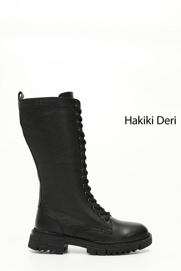 Kadın Siyah Floter Fermuarlı Kalın Topuklu Hakiki Deri Postal Çizme - Image 1