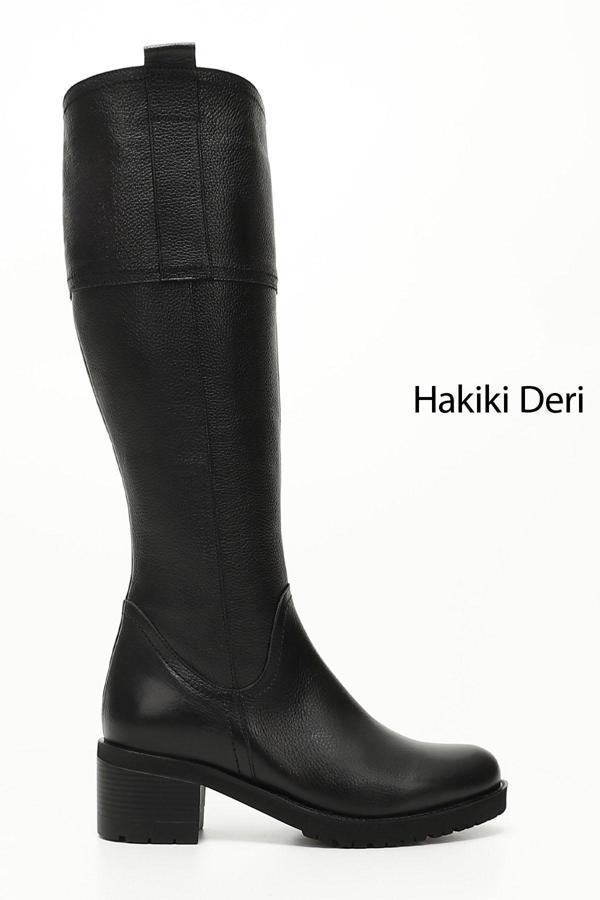 Kadın Siyah Floter Fermuarlı Kalın Topuklu Hakiki Deri Çizme - Image 1