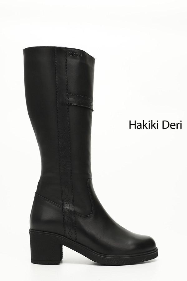 Kadın Siyah Fermuarlı Kalın Topuklu Hakiki Deri Çizme - Image 1