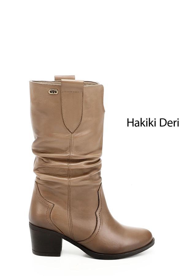 Kadın Vizon Antik Kalın Topuklu Körüklü Hakiki Deri Çizme - Image 1