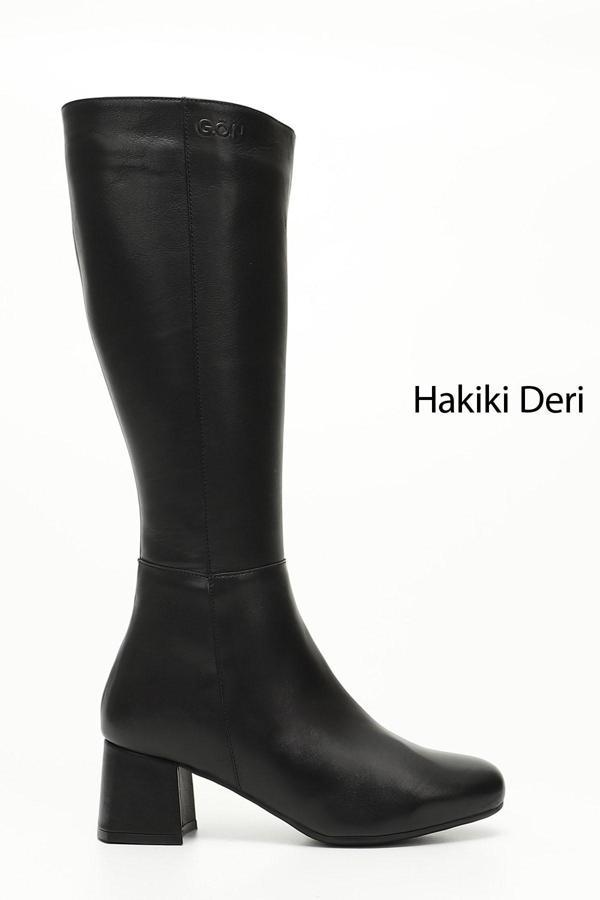 Kadın Siyah Hakiki Deri Topuklu Fermuarlı Çizme - Image 1