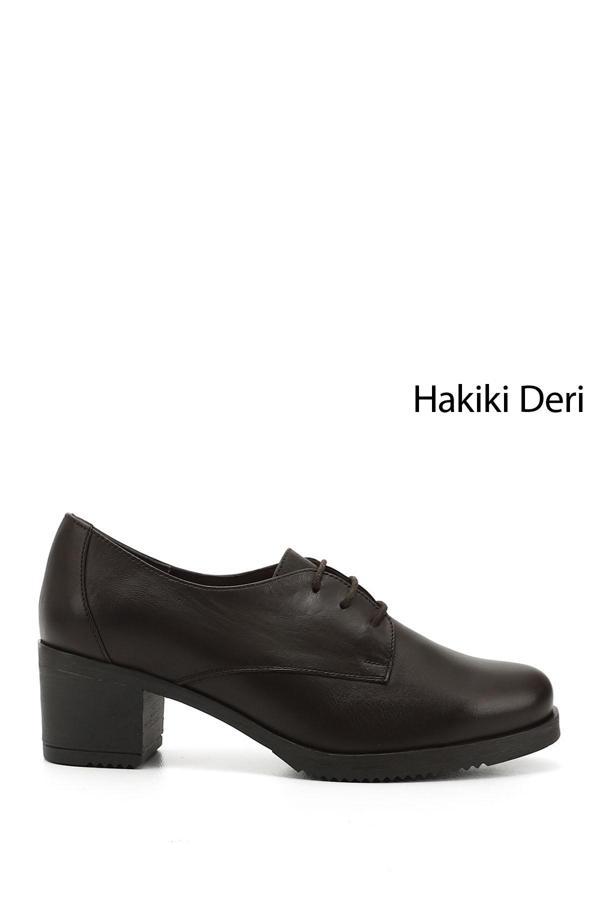 Kadın Kahve Antik Bağcıklı Orta Kalın Topuklu Hakiki Deri Oxford Ayakkabı - Image 1