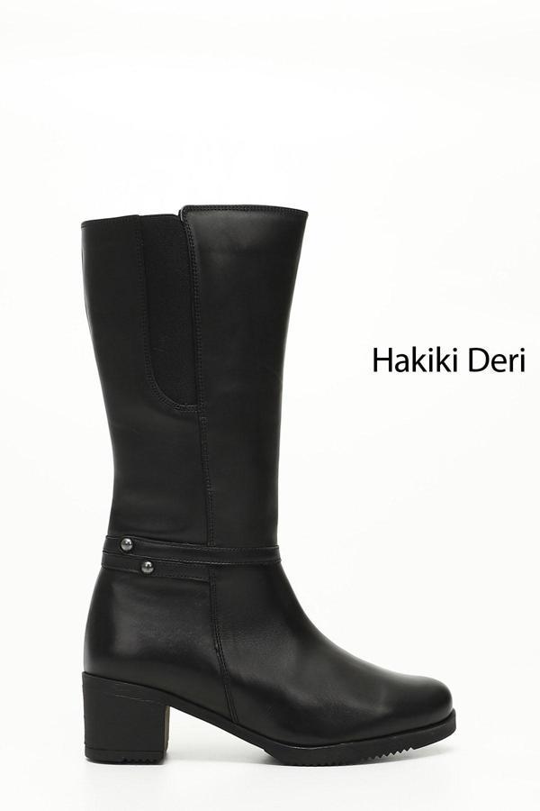 Kadın Siyah Fermuarlı Kalın Topuklu Hakiki Deri Çizme - Image 1