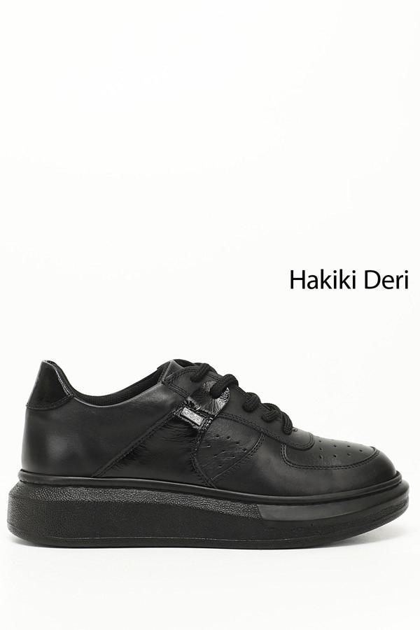 Kadın Siyah Dolgu Taban Hakiki Deri Sneaker - Image 1
