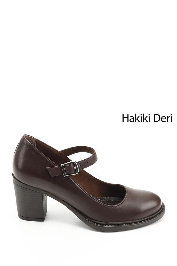 Kadın Kahve Antik Kalın Topuklu Mary Jane Hakiki Deri Ayakkabı - Image 1