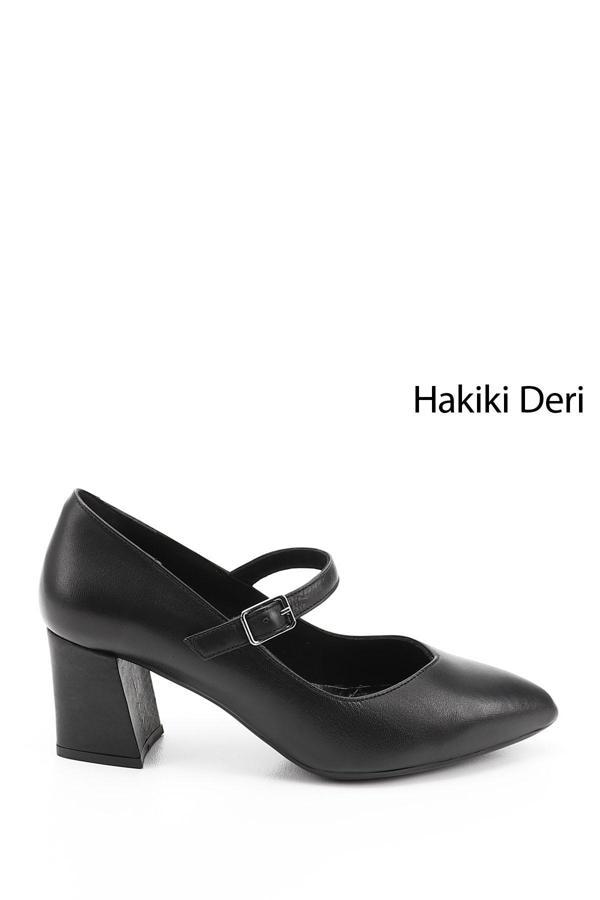 Kadın Siyah Sivri Burun Topuklu Mary Jane Hakiki Deri Ayakkabı - Image 1