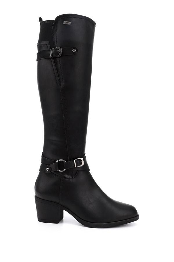 Kadın Siyah Fermuarlı Sivri Burun Kalın Topuklu Çizme - Image 1