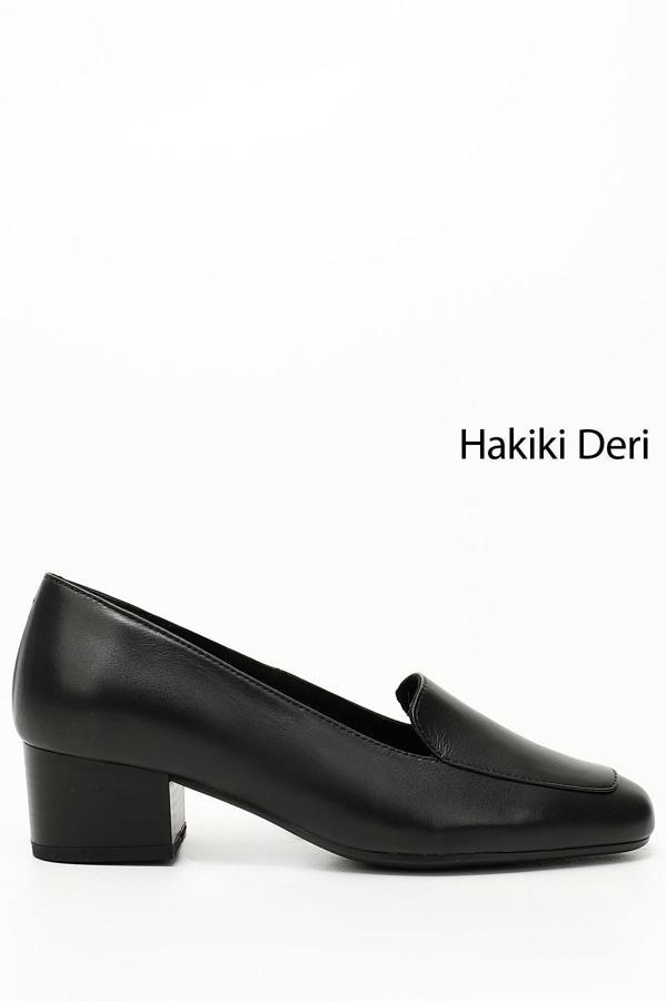 Kadın Siyah Küt Burun Kısa Kalın Topuklu Hakiki Deri Ayakkabı - Image 1