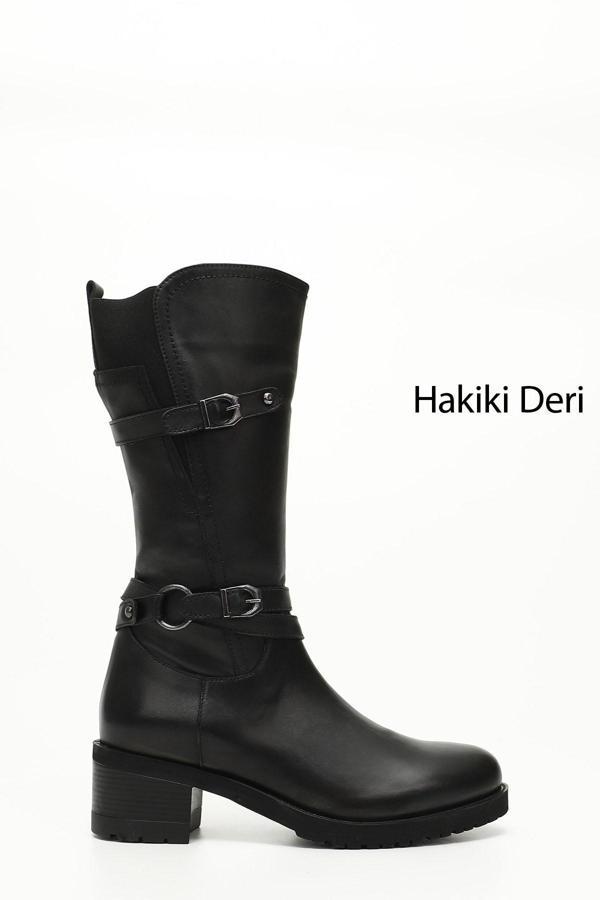 Kadın Siyah Fermuarlı Kalın Topuklu Hakiki Deri Çizme - Image 1