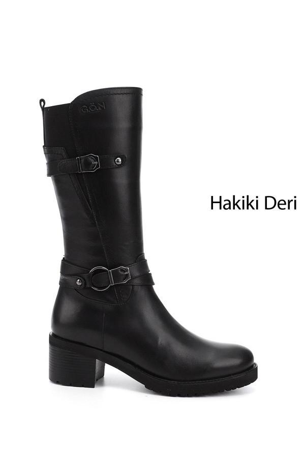 Kadın Siyah Fermuarlı Kalın Topuklu Hakiki Deri Çizme - Image 1