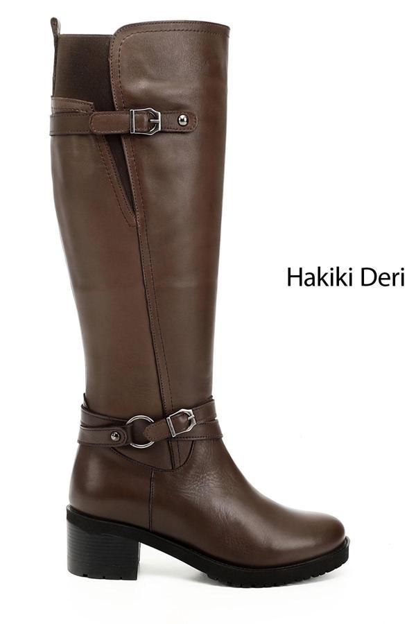 Kadın Kahve Antik Fermuarlı Kalın Topuklu Hakiki Deri Çizme - Image 1