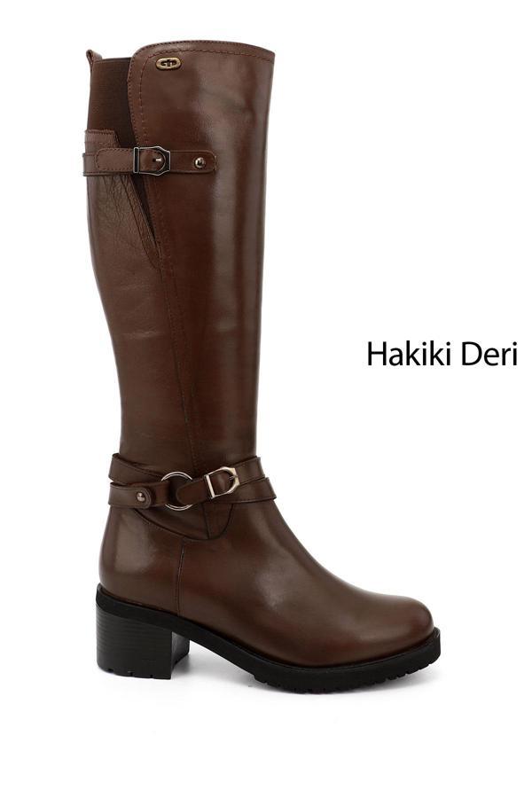 Kadın Kahve Antik Fermuarlı Kalın Topuklu Hakiki Deri Çizme - Image 1