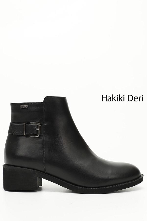 Kadın Siyah Fermuarlı Kalın Topuklu Hakiki Deri Bot - Image 1