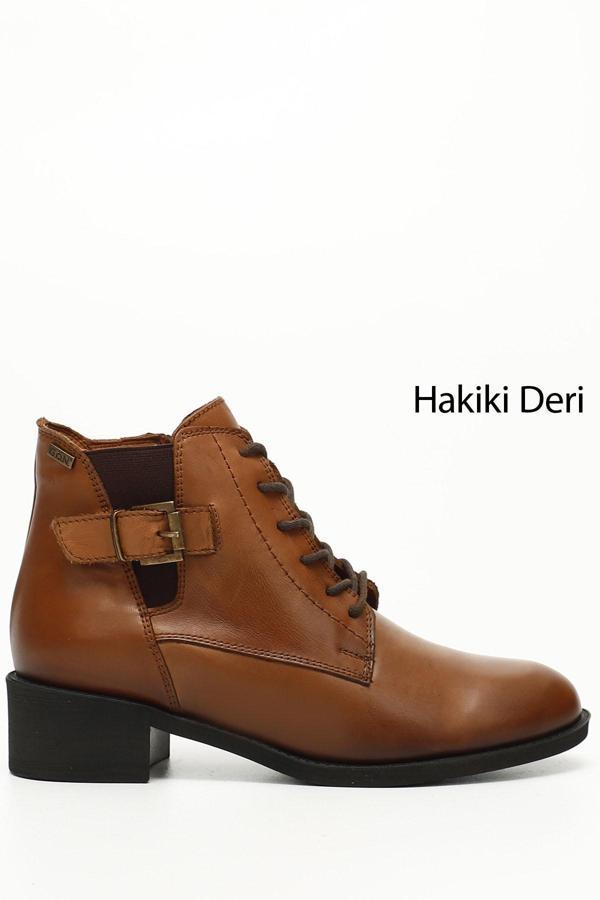 Kadın Taba Antik Fermuarlı Kalın Topuklu Hakiki Deri Postal Bot - Image 1