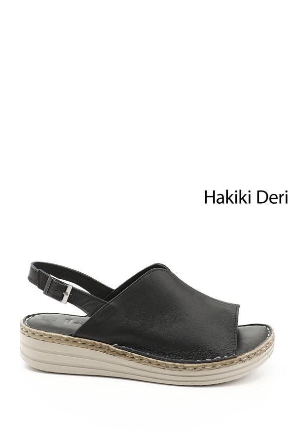 Kadın Siyah Dolgu Topuk Hakiki Deri Comfort Sandalet - Image 1