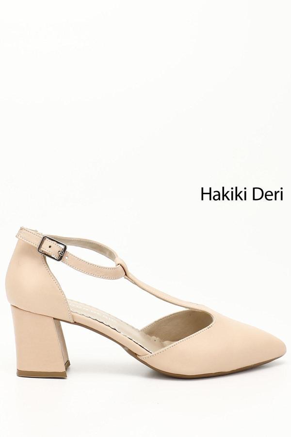 Kadın Nude Bilekten Bağlı Orta Topuklu Hakiki Deri Ayakkabı - Image 1