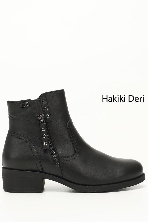 Kadın Siyah Çift Fermuarlı Kauçuk Taban Hakiki Deri Bot - Image 1