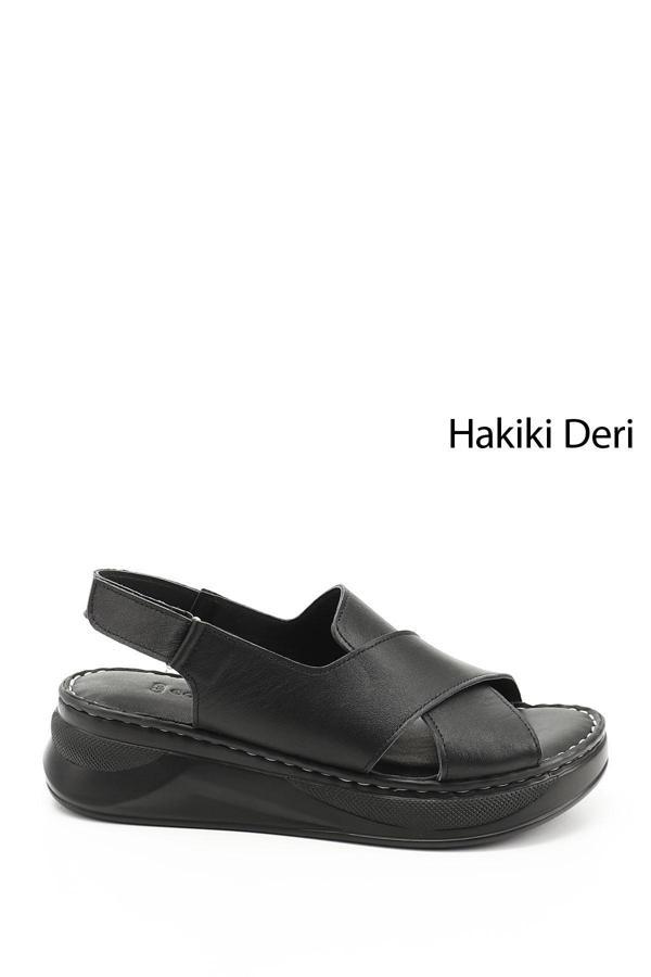 Kadın Siyah Cırt Bantlı Dolgu Topuklu Hakiki Deri Comfort Sandalet - Image 1