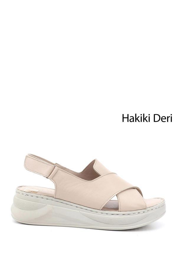 Kadın Bej Cırt Bantlı Dolgu Topuklu Hakiki Deri Comfort Sandalet - Image 1