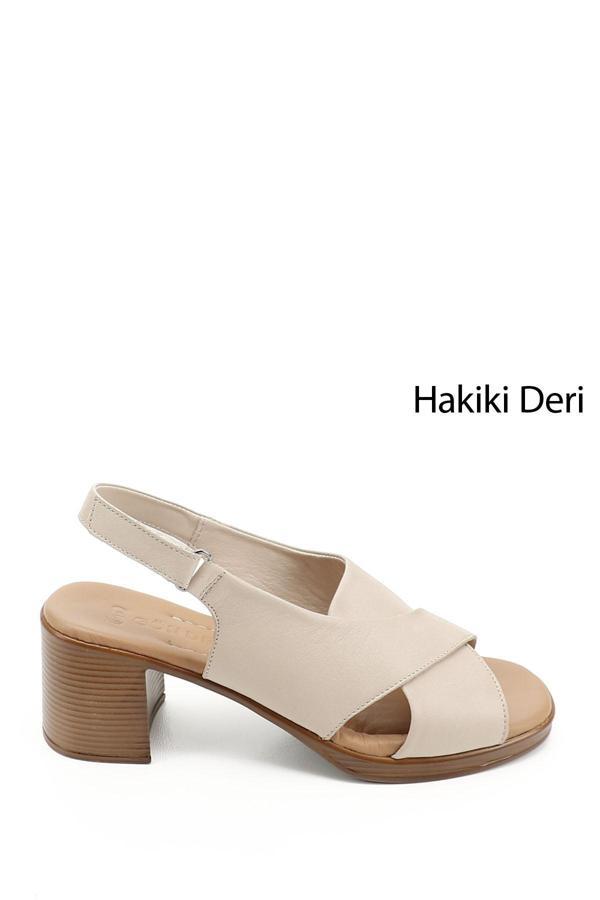 Kadın Bej Antik Cırt Bantlı Kalın Topuklu Hakiki Deri Sandalet - Image 1