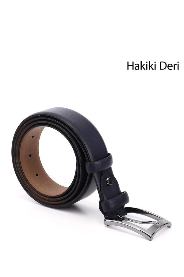 Erkek Lacivert Antik Hakiki Deri 3,5 Cm Klasik Kemer - Image 1