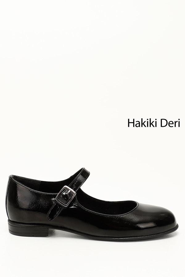 Kadın Siyah Rugan Bilek Bağlı Mary Jane Hakiki Deri Babet - Image 1