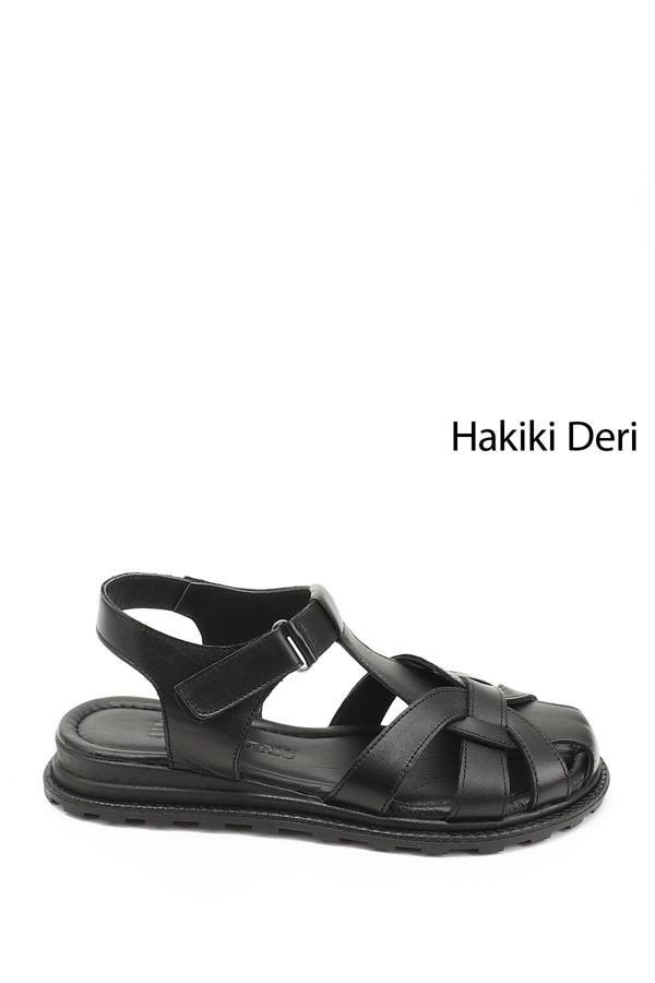 Kadın Siyah Cırt Bantlı Burnu Kapalı Hakiki Deri Sandalet - Image 1