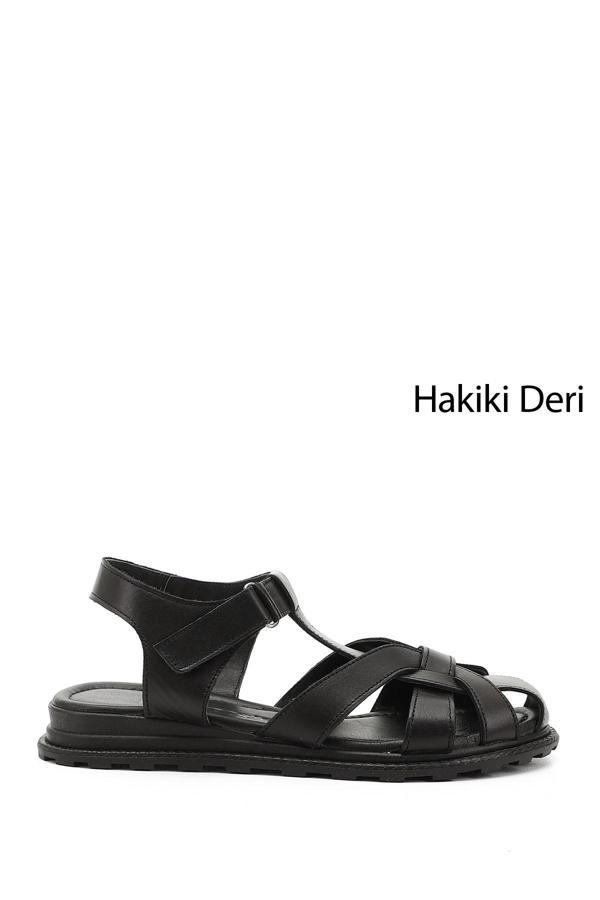 Kadın Siyah Cırt Bantlı Burnu Kapalı Hakiki Deri Sandalet - Image 1