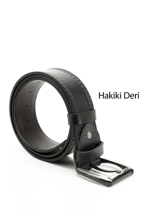 Erkek Siyah Hakiki Deri 4,5 Cm Dikişli Kot Kemeri - Image 1