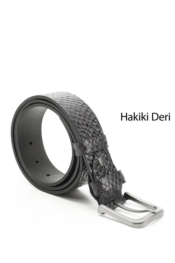 Erkek Lacivert Antik Hakiki Deri 4 Cm Baskılı Kot Kemeri - Image 1