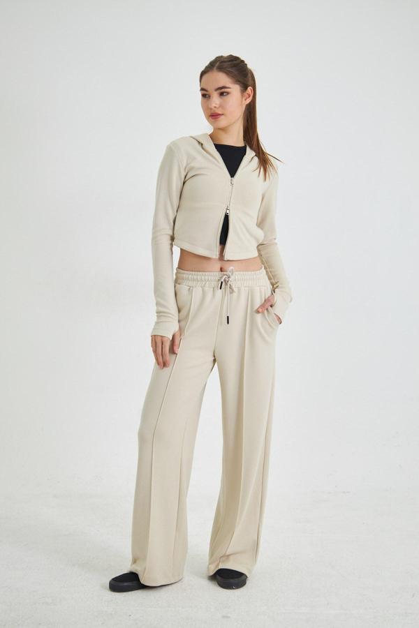 Fermuarlı Kapüşonlu Sweatshirt ve Geniş Paça Özel Dikim Pantolon Modal Kumaş - Image 1