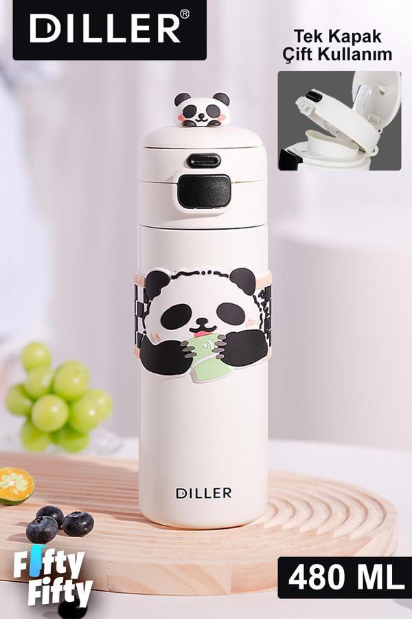 DILLER 480 ML Tek Kapak Çift Kullanım Pipetli/Pipetsiz Taşıma Kulplu Vacum Cup/Çelik Termos -FFD9240 - Image 1