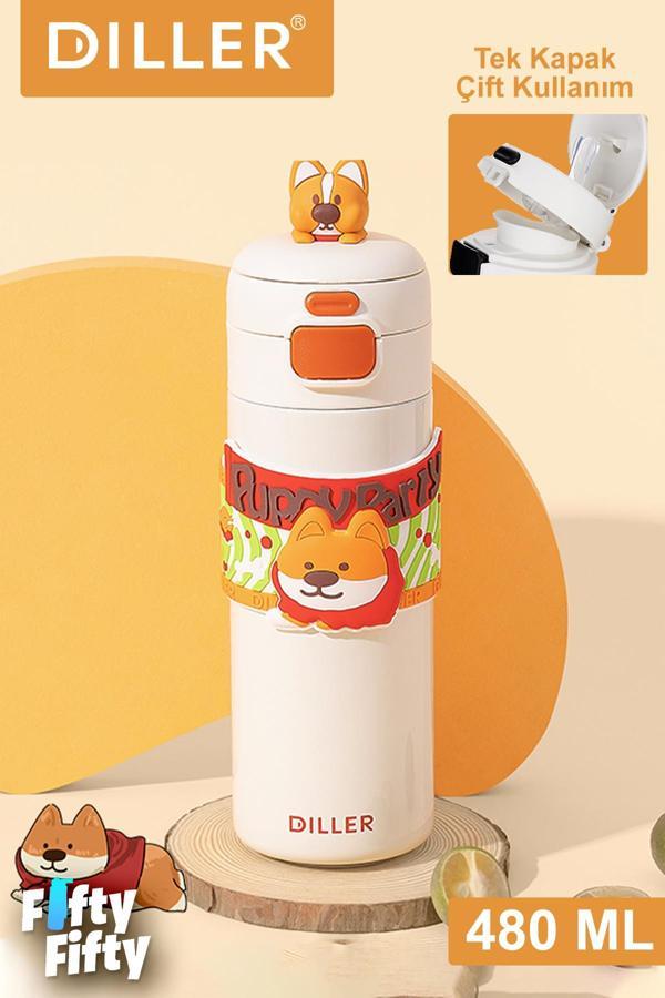 DILLER 480 ML Tek Kapak Çift Kullanım Pipetli/Pipetsiz Taşıma Kulplu Vacum Cup/Çelik Termos -FFD9231 - Image 1
