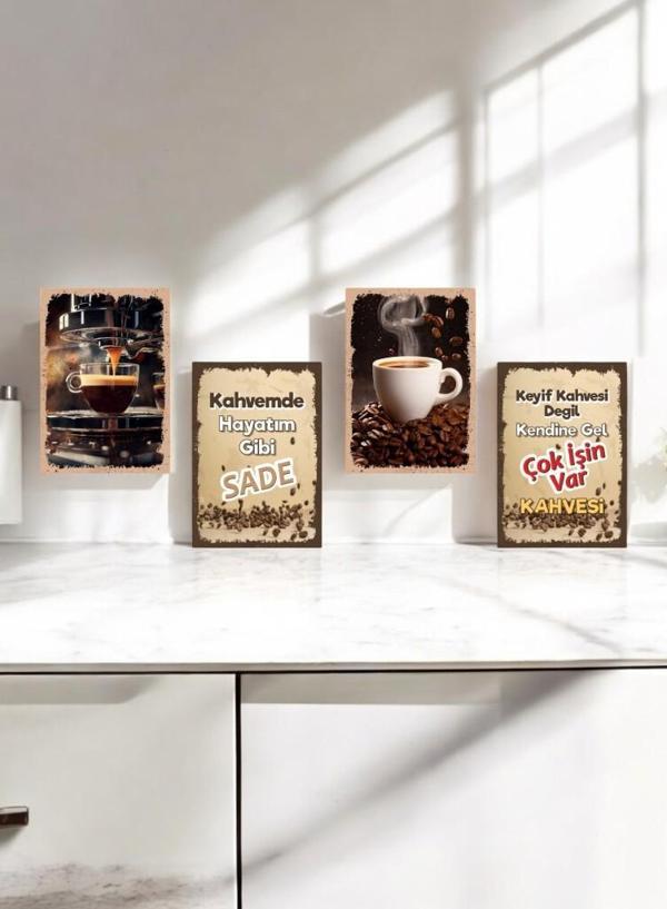 4 Parça Dekoratif A4 Mdf Tablo, Cafe Tabloları , Kahve Köşesi Tabloları , Duvar Tabloları , Çerçeve Görünümlü Dekoratif  - Image 1