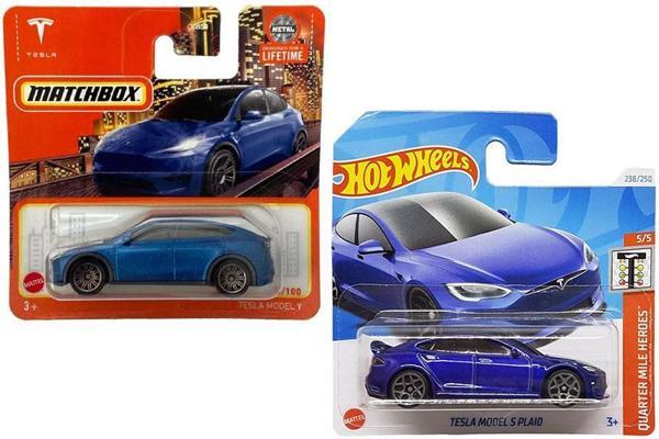 2 Araç Mavi Tesla Set - Hot Wheels Tesla Model S Plaid & Matchbox Tesla Model Y (1/64) - Image 1