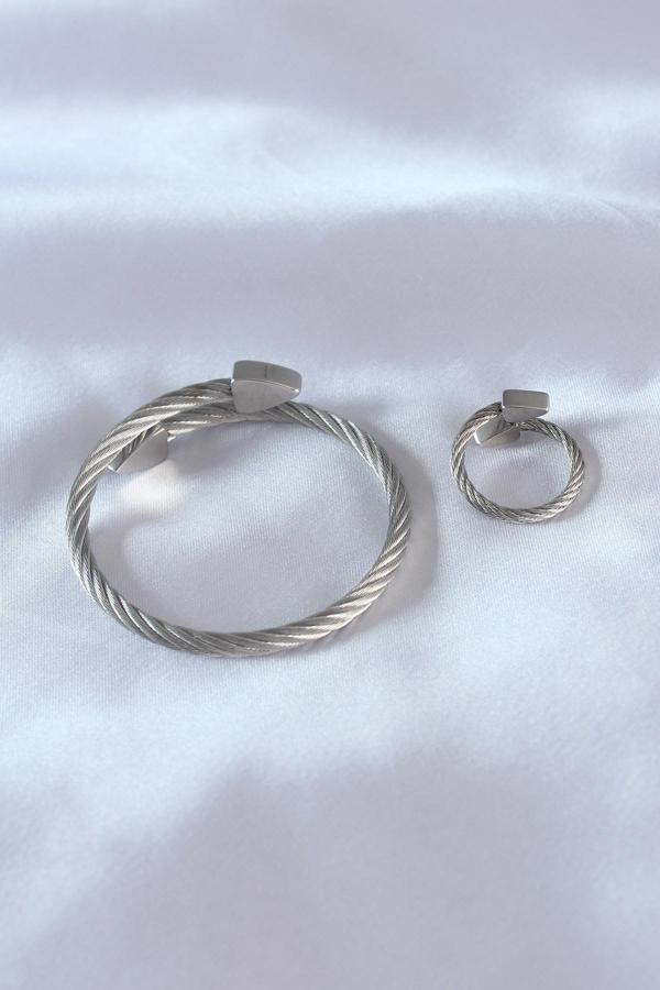 Bakımlı Erkek için Silver Çelik Burgu Bileklik Yüzük Seti - Image 1