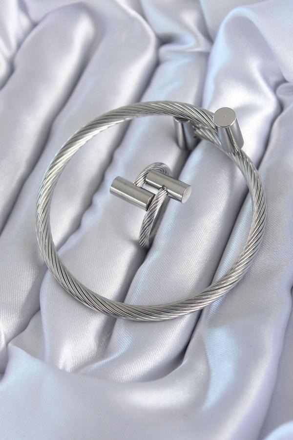 Bakımlı Erkek için Silver Çelik Örgülü Bileklik Yüzük Seti - Image 1