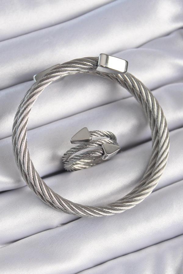 Bakımlı Erkek için Silver Çelik Sarmal Bileklik Yüzük Seti - Image 1