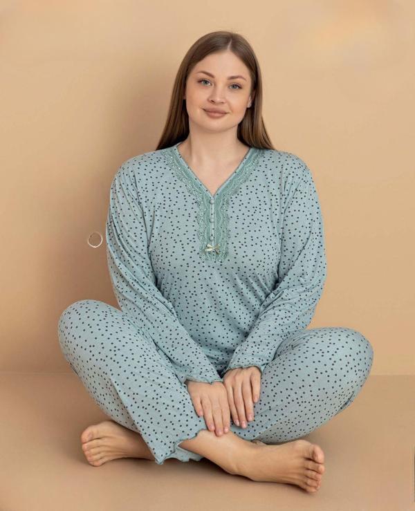 Pijamerry Kadın Büyük Beden Dantel Yaka Bambu Uzun Kol İnce Pijama Takımı 5671 - 1 Adet - Image 1